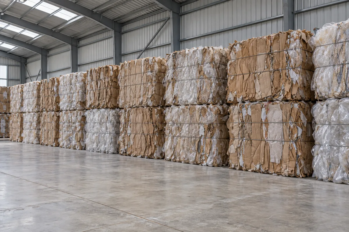 Balles de carton et de plastique compactées empilées dans un hangar de centre de tri