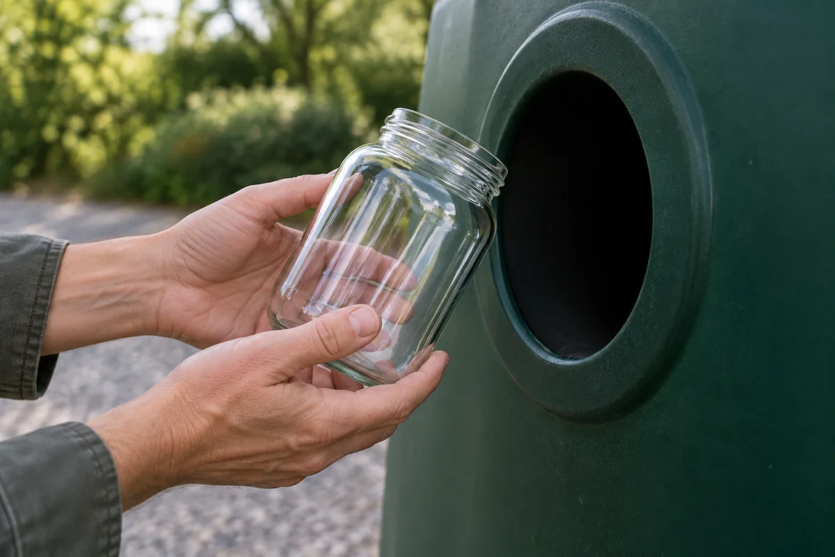 Mains déposant un bocal en verre dans une colonne de collecte