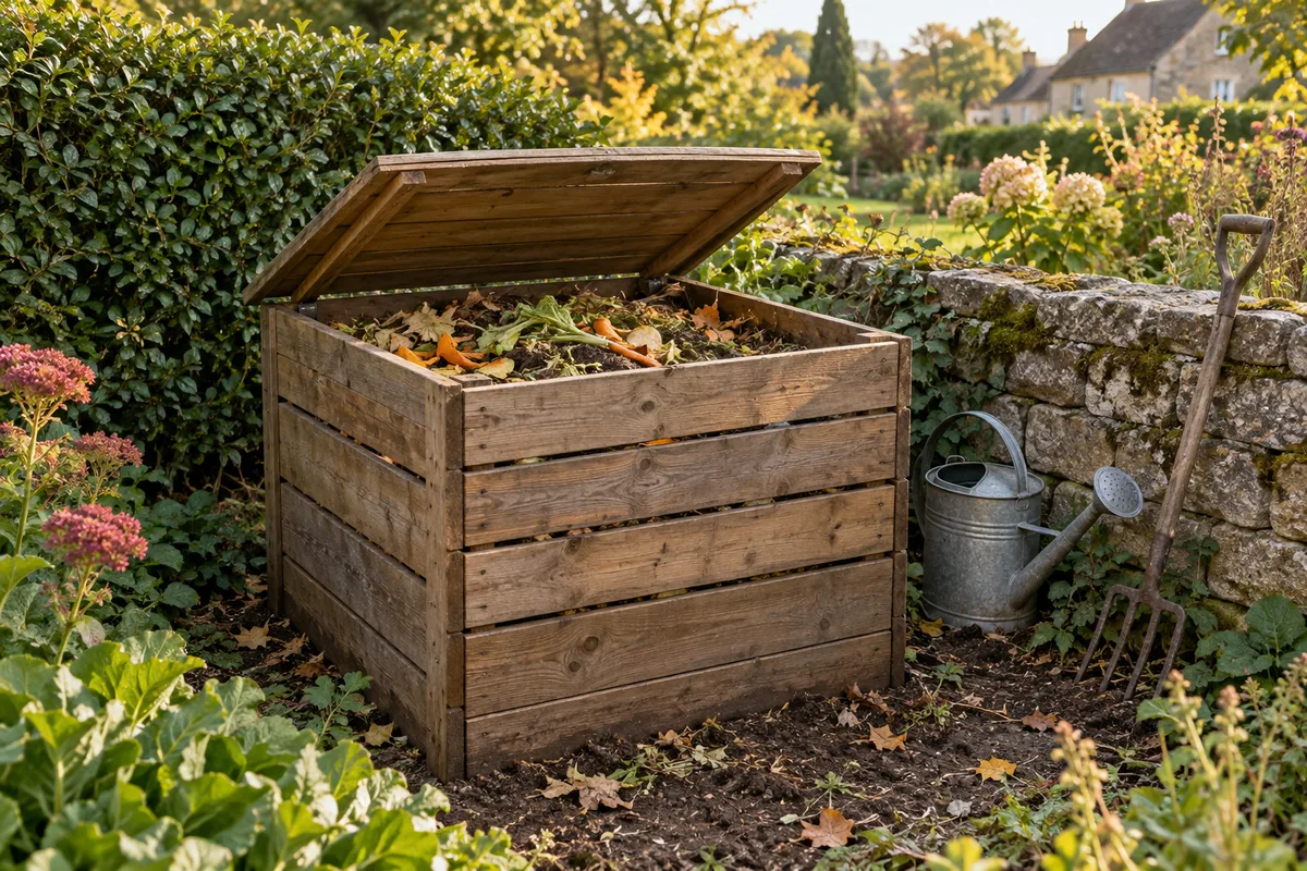 Bac de compost en bois posé dans un jardin de village