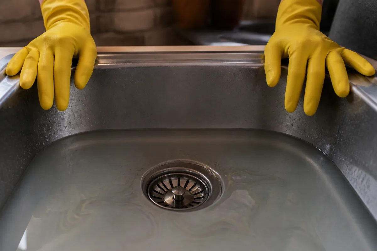 Bonde d’évier en inox où l’eau stagne, mains gantées de caoutchouc posées au bord de la cuve