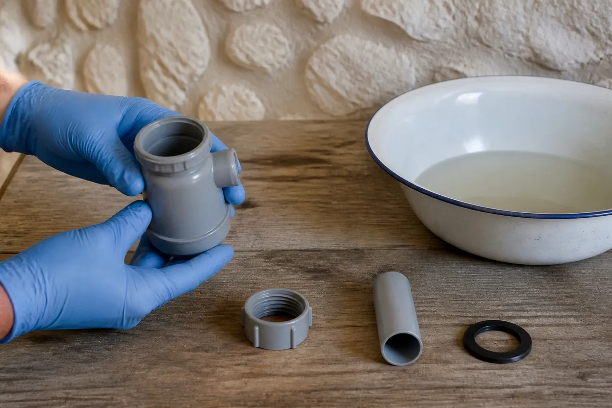 Siphon de lavabo démonté et bassine émaillée posés sur un plan de travail en bois nu, mains gantées