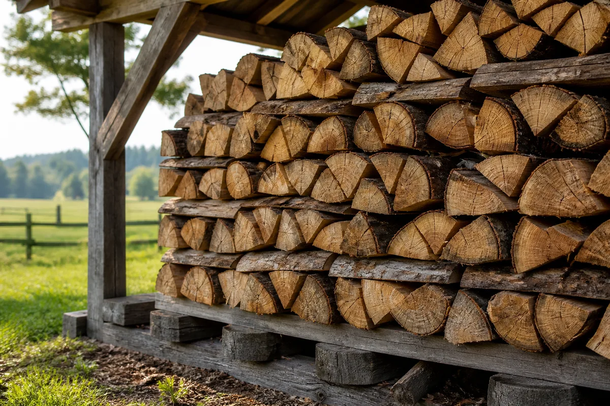 Bûches de chêne fendues empilées sous un auvent de bois ouvert