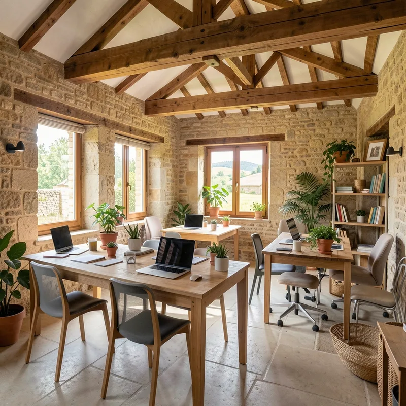 Espace de coworking rural aménagé dans un ancien bâtiment de pierre