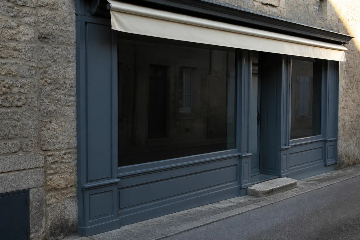 Rue déserte d’un bourg aveyronnais au lever du jour, devantures en bois peint