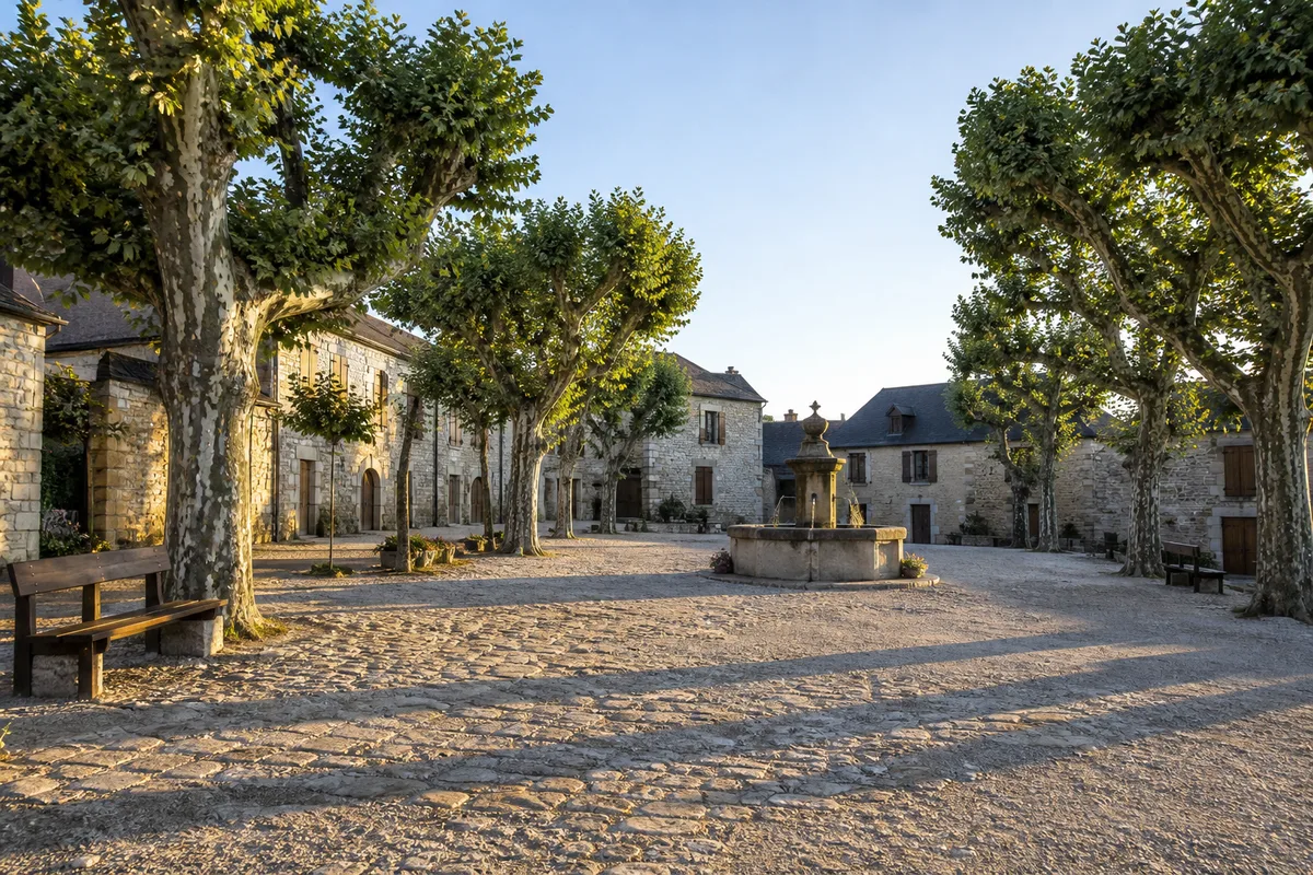 Place de village vide bordée de platanes, pavés et lumière rasante du matin
