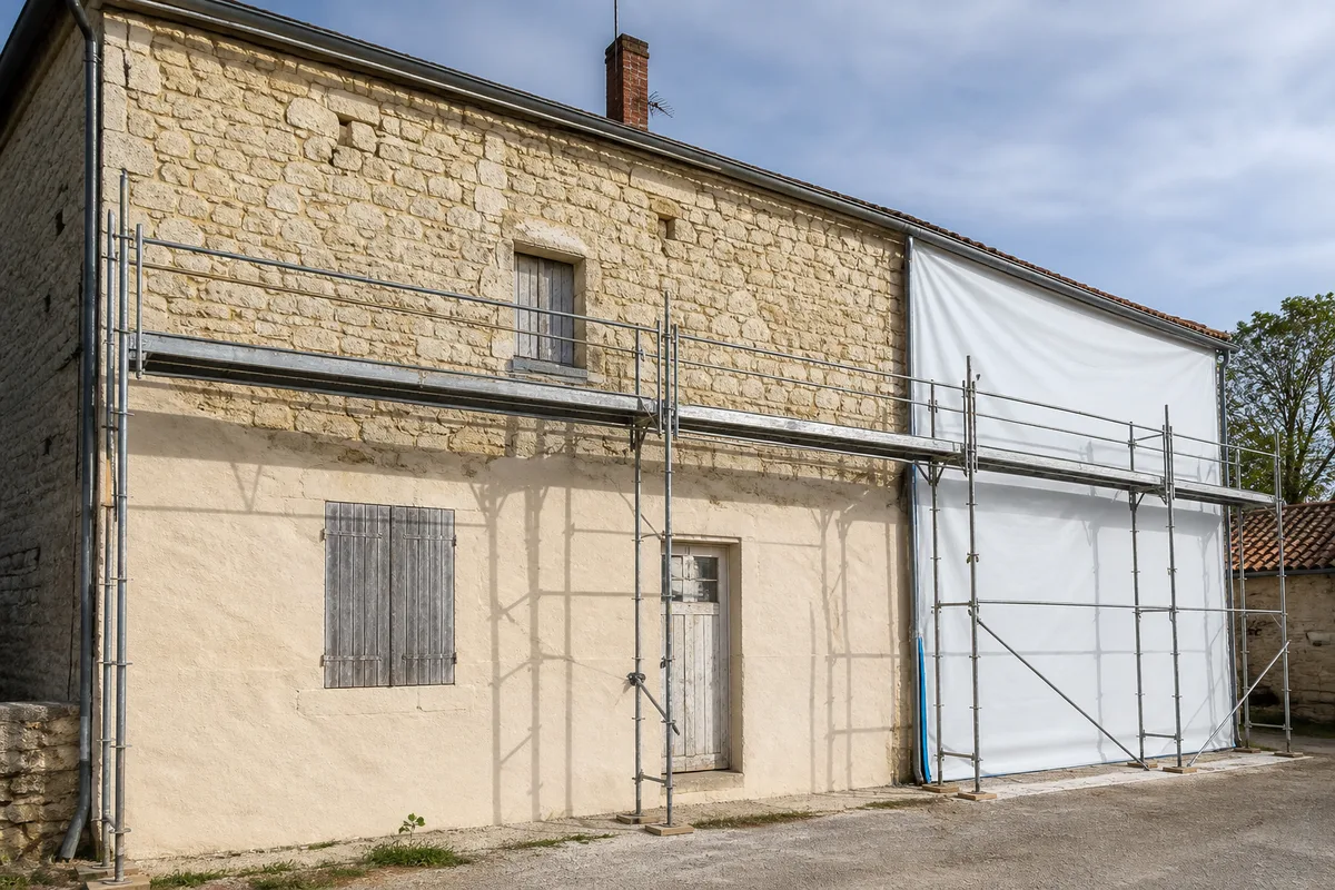 Façade en pierre calcaire partiellement enduite, échafaudage et bâche de protection