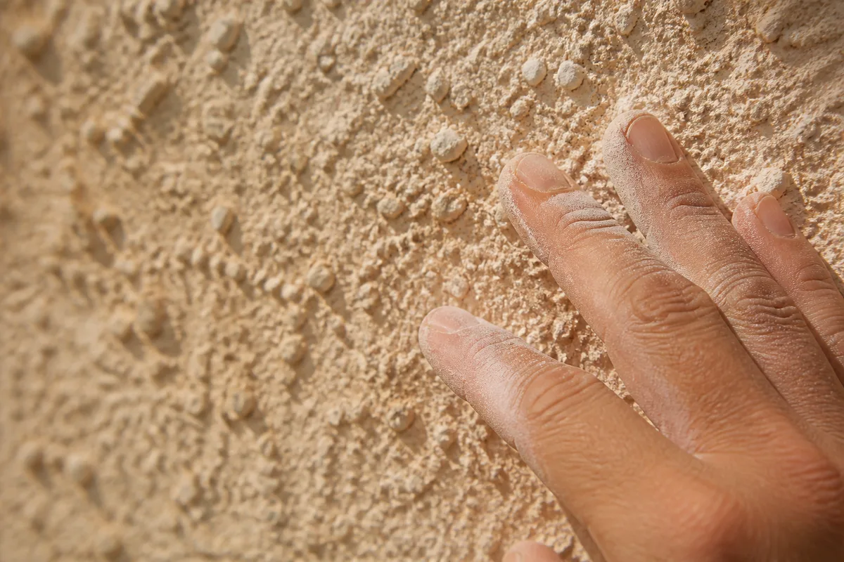 Détail d’un enduit de finition gratté sur un mur, grain de sable ocre visible en lumière rasante