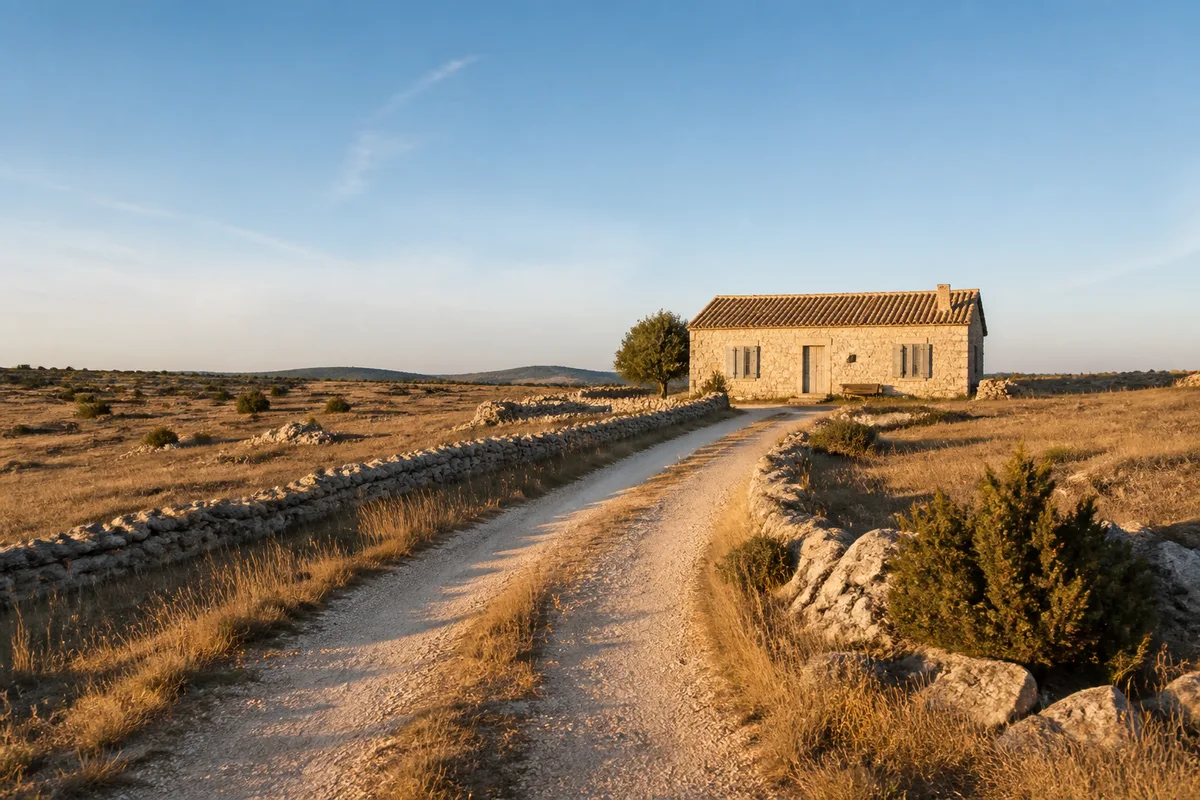 Maison en pierre calcaire au bout d&rsquo;un chemin, prairie de causse en lumière du matin