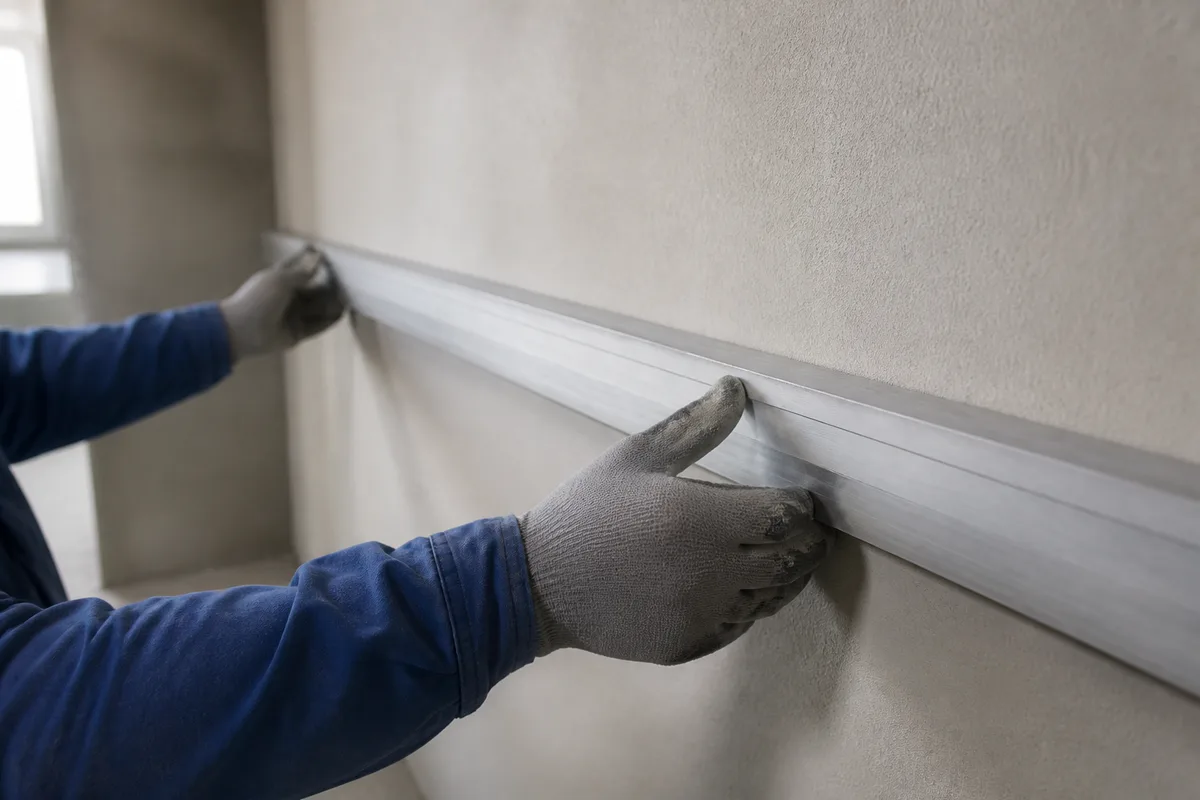 Artisan tenant une règle de maçon en aluminium contre un mur enduit gris clair