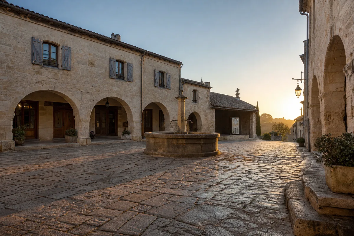 Place de village déserte en pierre calcaire au petit matin, lumière rasante sur les façades