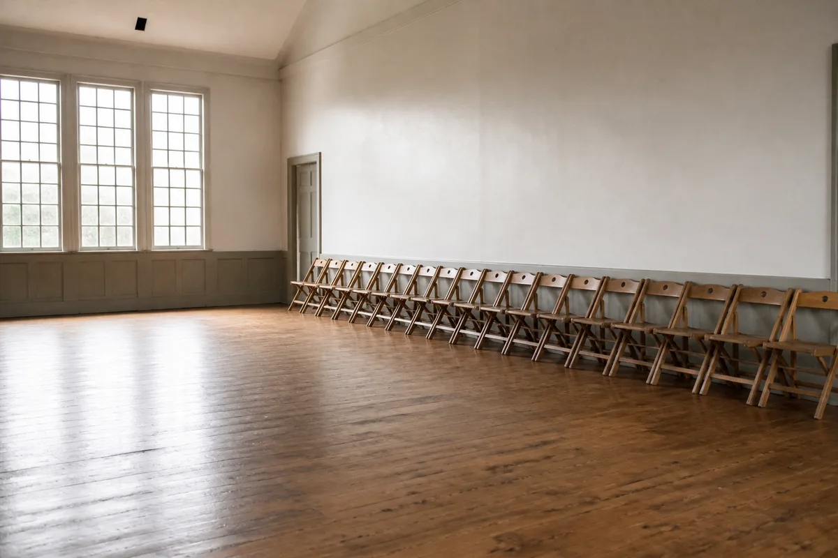 Salle des fêtes vide, chaises pliantes alignées le long d&rsquo;un mur clair