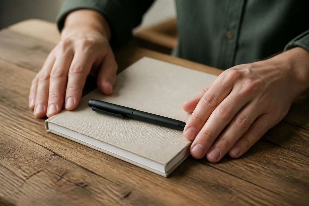 Mains posées sur un carnet fermé et un stylo, sur une table en bois brut