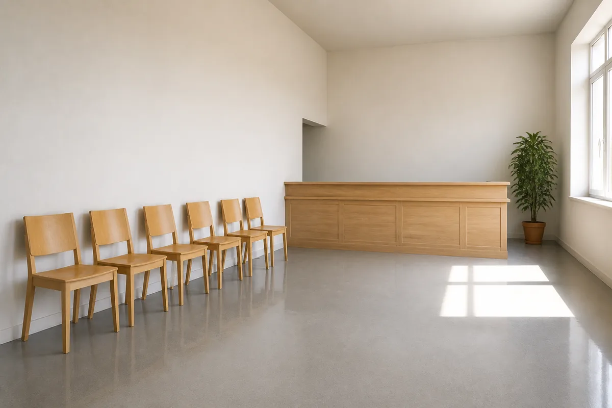 Salle d’accueil vide d’un local municipal, chaises alignées et comptoir de bois clair
