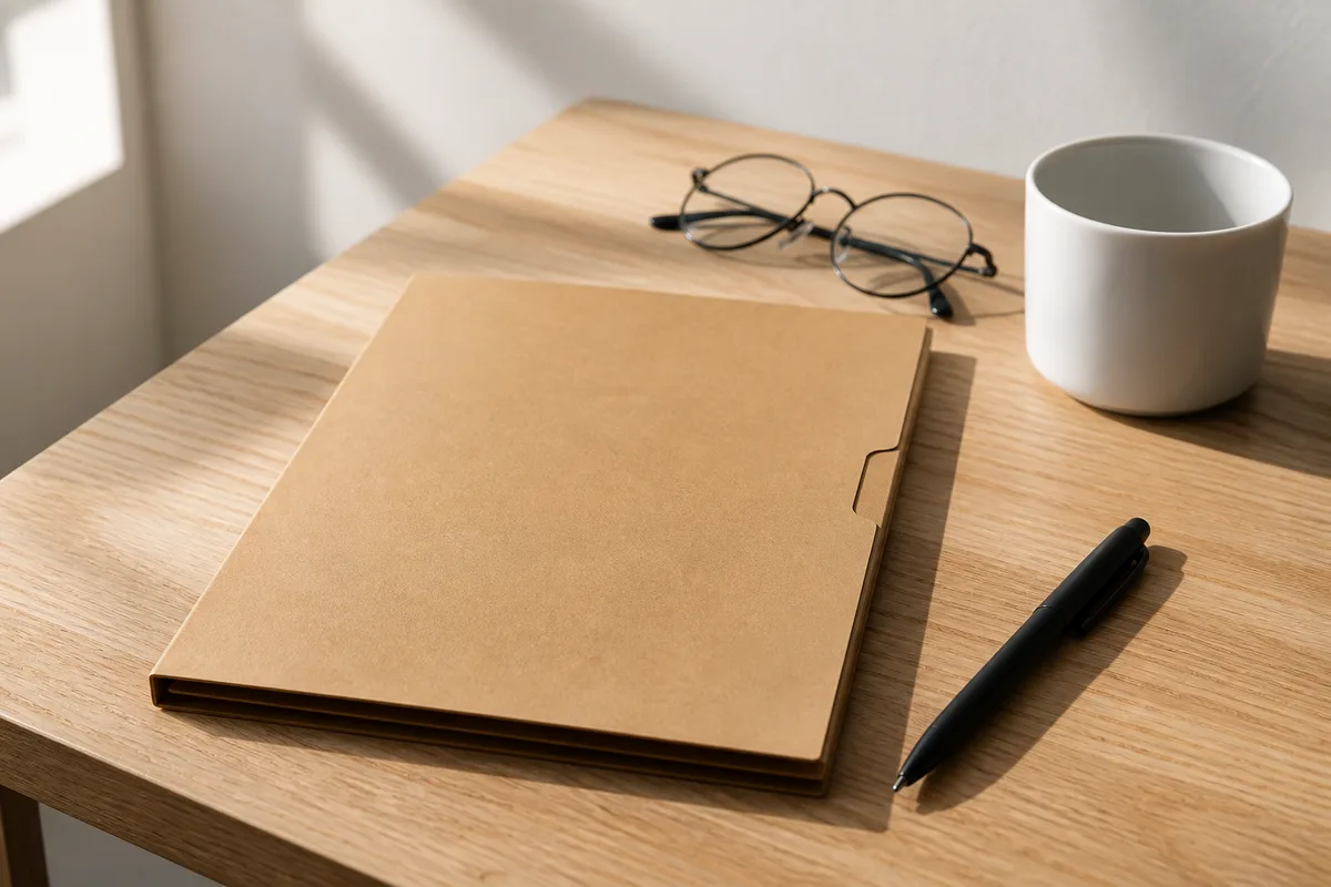 Dossier cartonné fermé et stylo posés sur une table de bois clair près d’une fenêtre