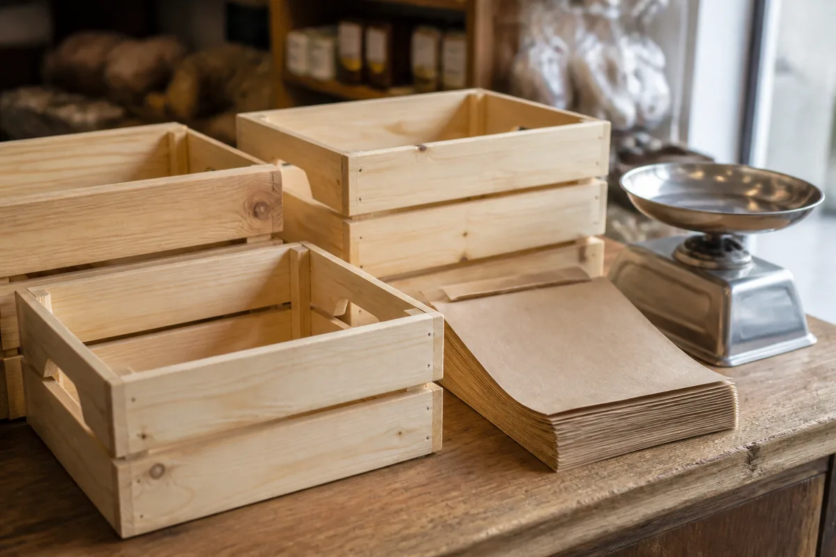 Cagettes en bois vides et sacs en papier kraft uni empilés sur un comptoir de boutique