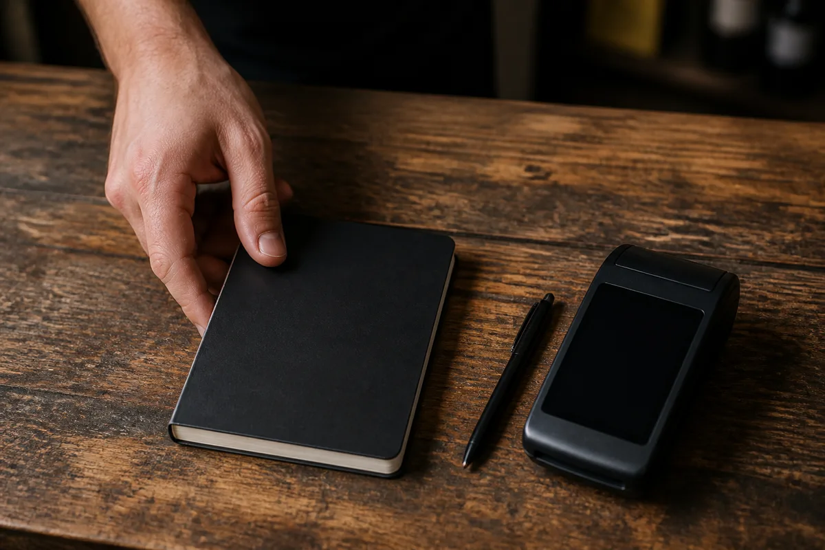 Main posant un carnet fermé à couverture unie sur un comptoir en bois patiné