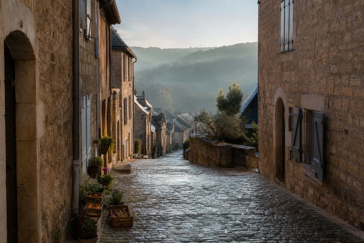 Rue principale d&rsquo;un village aveyronnais au petit matin, façades en pierre et pavés humides