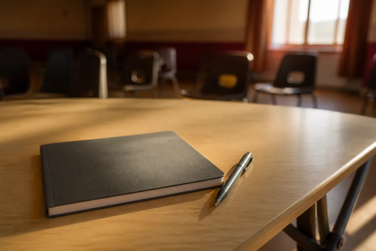 Carnet fermé et stylo posés sur une table pliante nue dans une salle communale
