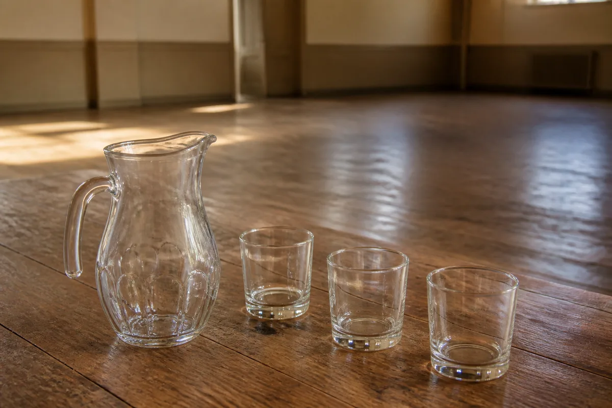 Pichet d&rsquo;eau et verres vides sur une table nue au fond d&rsquo;une salle communale