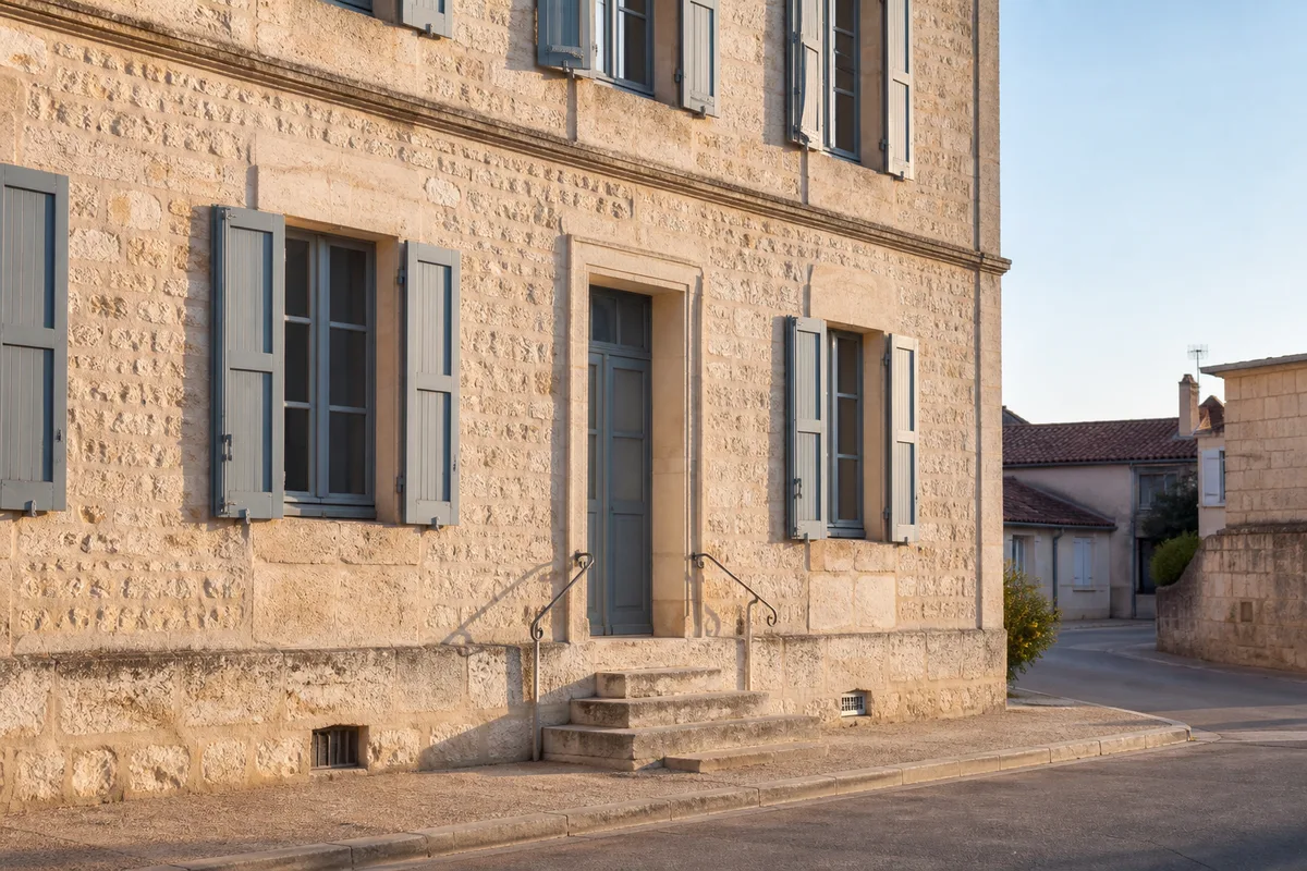 Façade en pierre calcaire d&rsquo;un bâtiment public de village au soleil de fin de journée