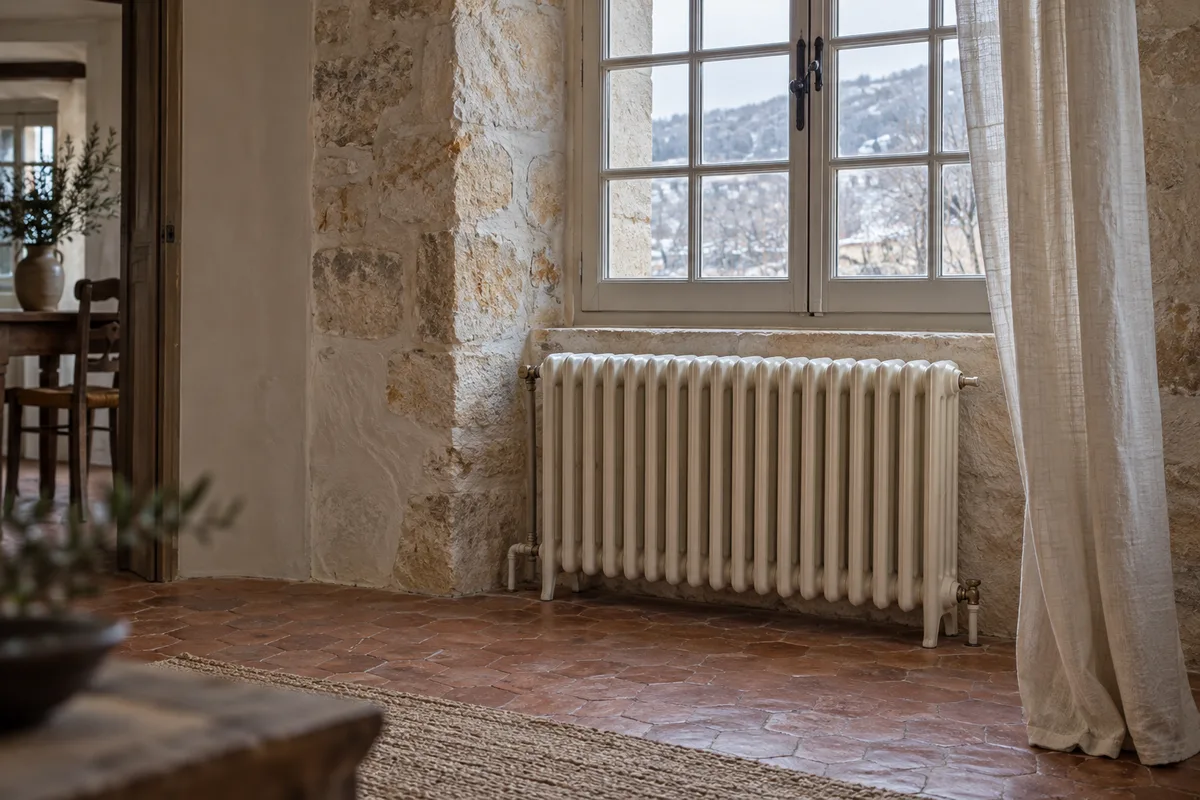 Radiateur en fonte sous une fenêtre dans une pièce aux murs de pierre