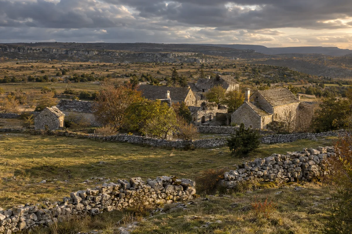 Village de pierre du Larzac sous un ciel d&rsquo;automne