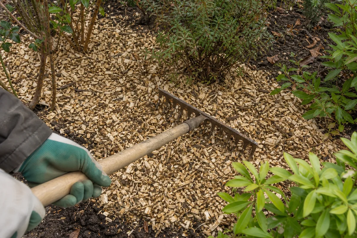 Copeaux de bois broyé étalés en paillage au pied de jeunes arbustes dans un jardin