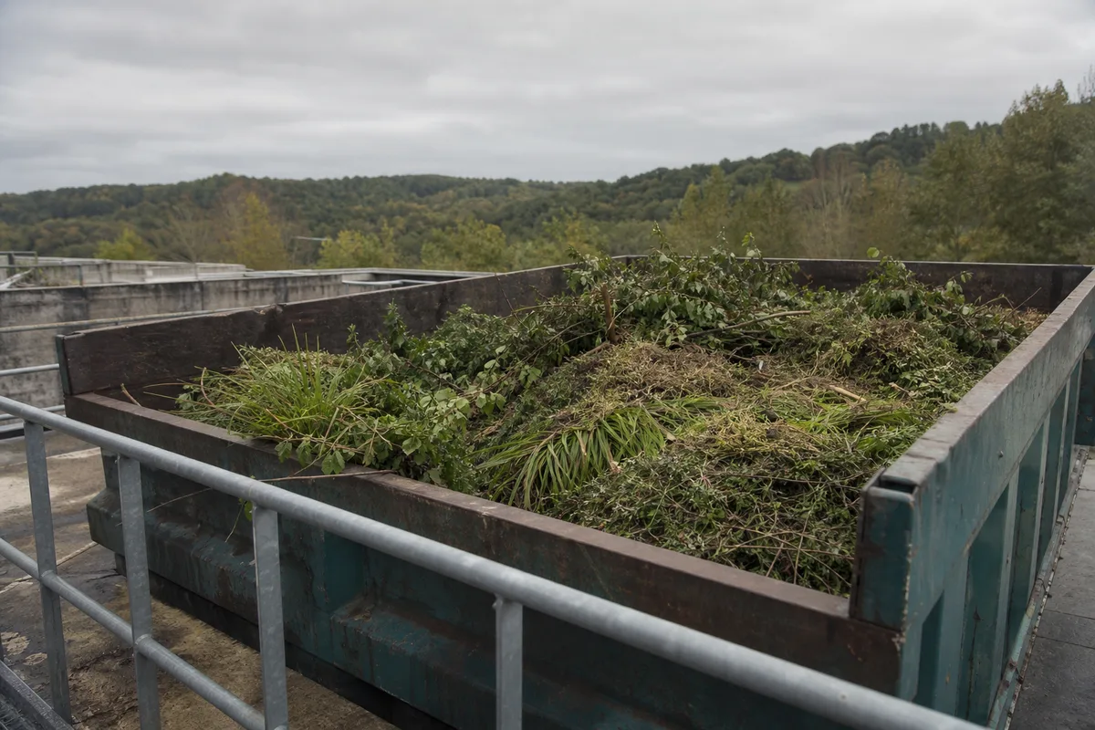 Benne de déchets verts remplie de branches et de tontes dans une déchèterie rurale