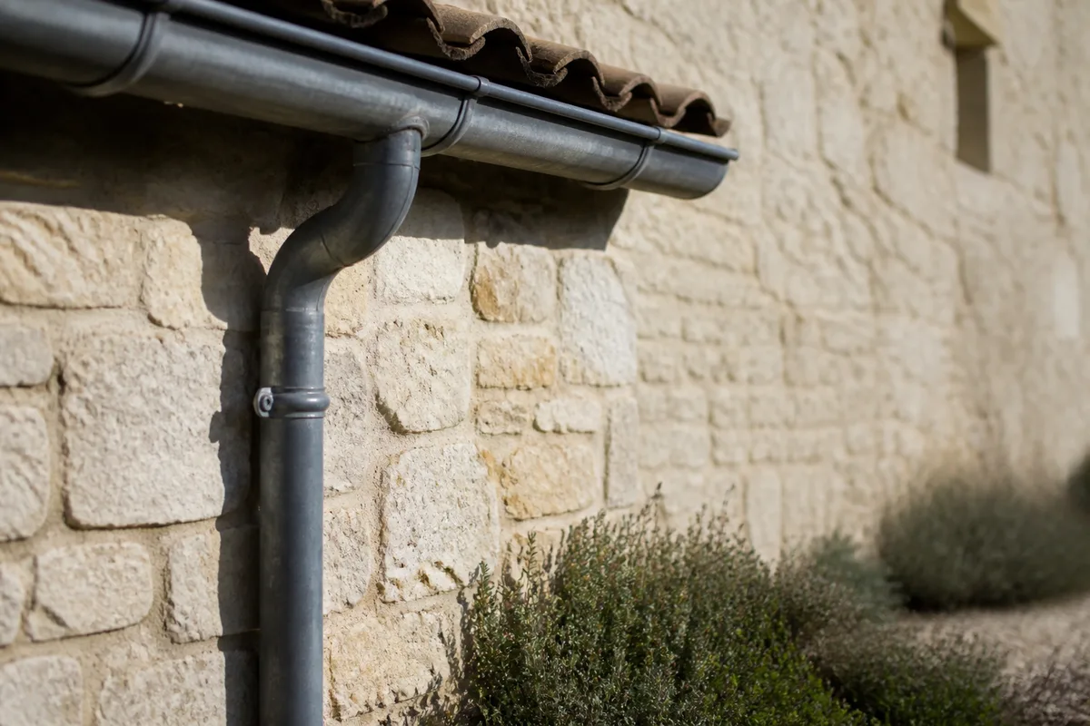 Gouttière en zinc le long d&rsquo;un mur en pierre calcaire d&rsquo;une maison du causse sous une lumière d&rsquo;été