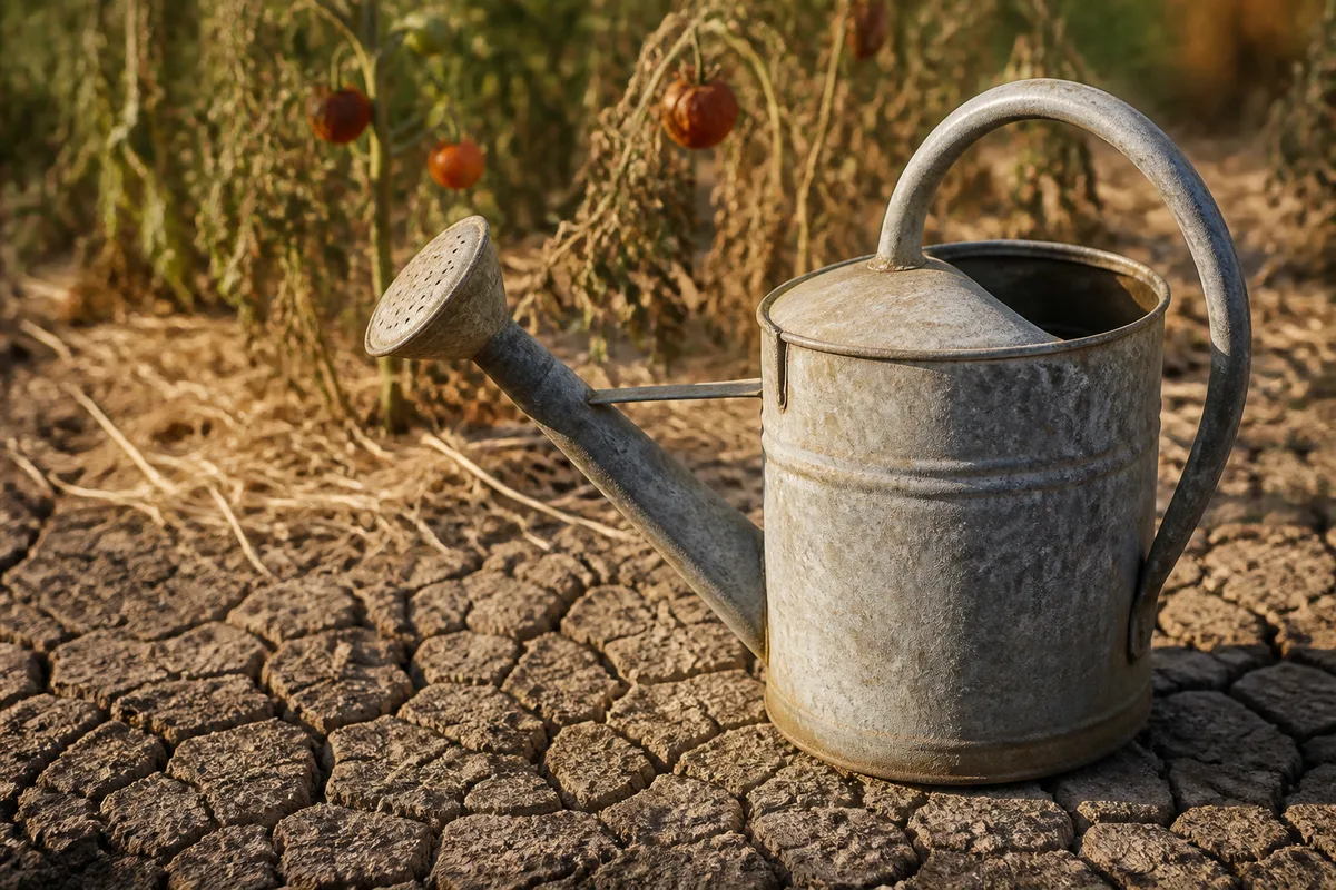 Arrosoir en zinc posé sur une terre sèche et craquelée d&rsquo;un potager en fin d&rsquo;été