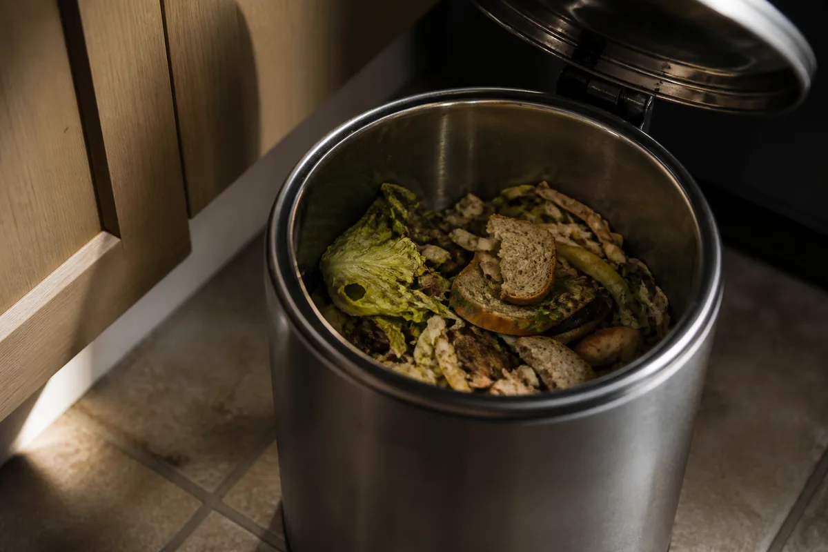 Poubelle de cuisine ouverte laissant voir des légumes flétris et des restes de repas