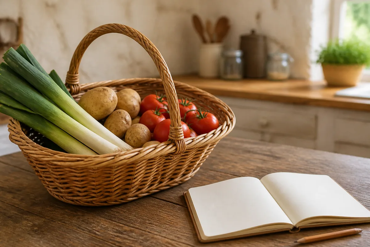 Panier en osier posé sur une table de cuisine avec des légumes frais et une liste manuscrite
