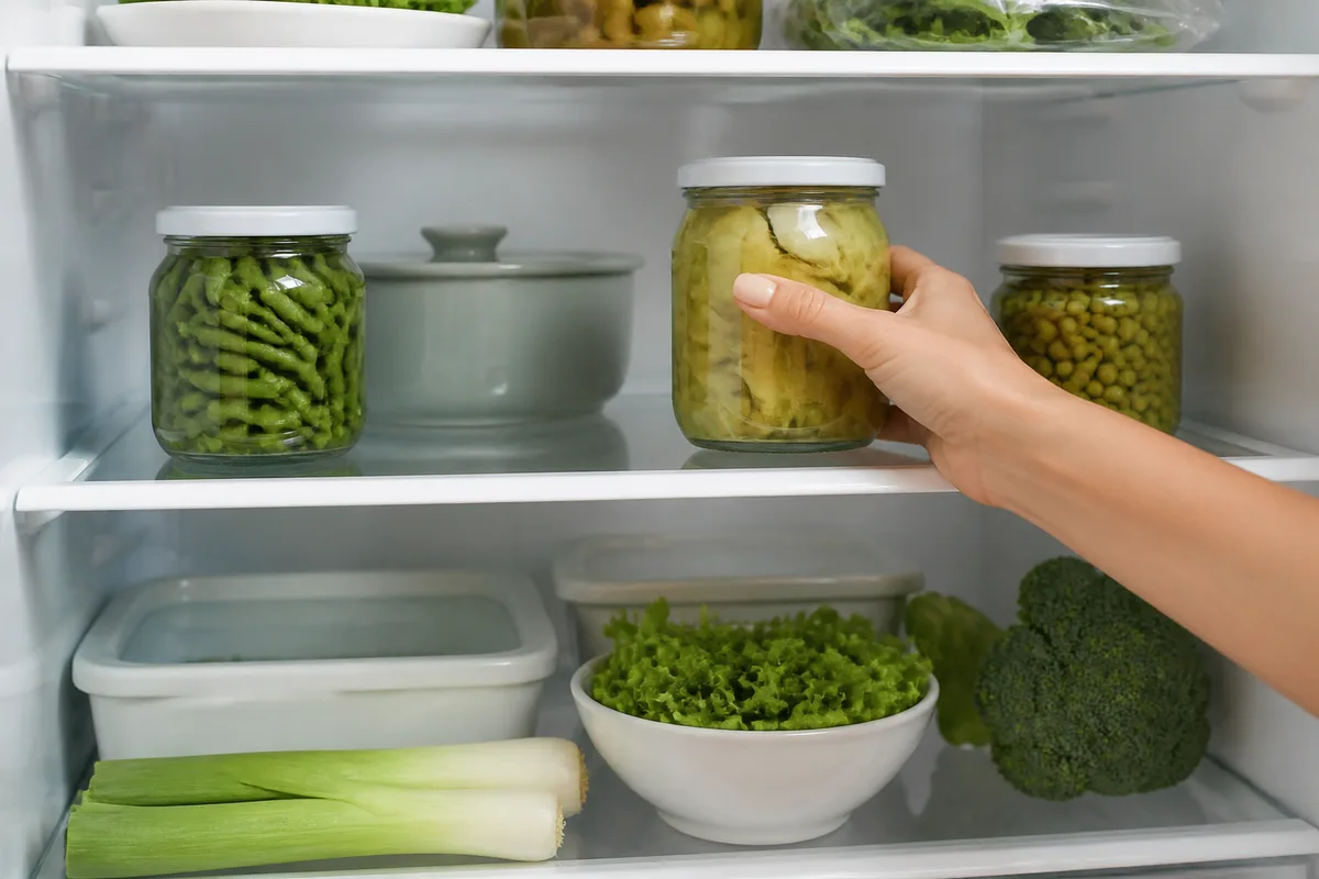 Intérieur d&rsquo;un réfrigérateur rangé avec des bocaux de verre lisses et des légumes frais sur les clayettes