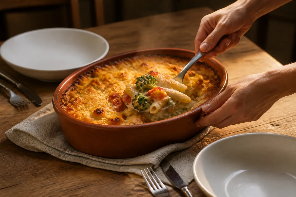 Plat de gratin composé de restes de légumes et de pâtes posé sur une table en bois