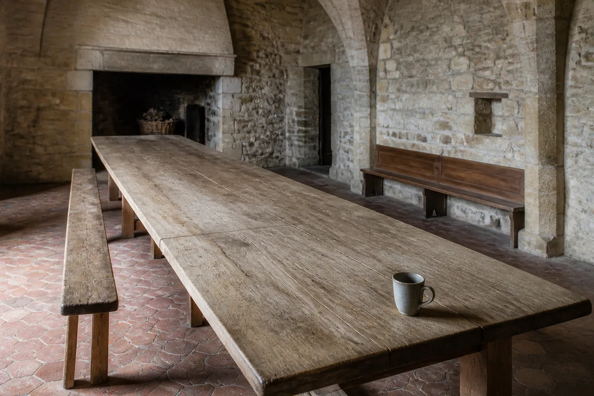Table en bois nue et tasse posée dans la salle commune d&rsquo;un gîte de pierre