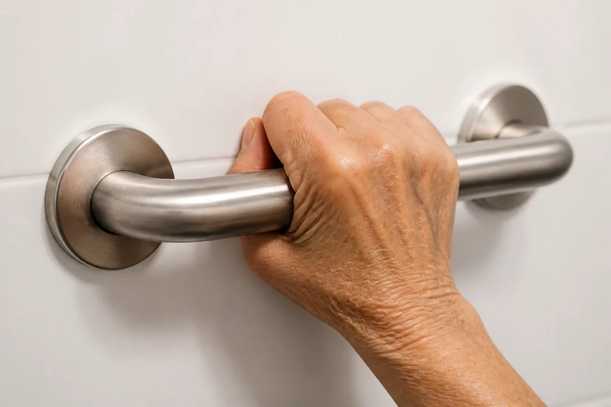 Barre d&rsquo;appui métallique fixée sur une faïence claire, main d&rsquo;une personne âgée en appui