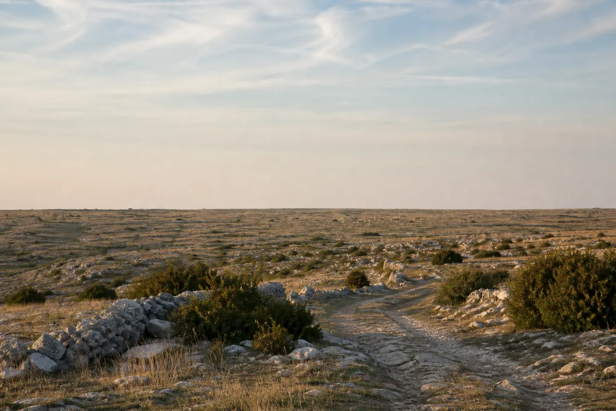 Sentier de randonnée désert sur un plateau calcaire couvert de pelouses sèches